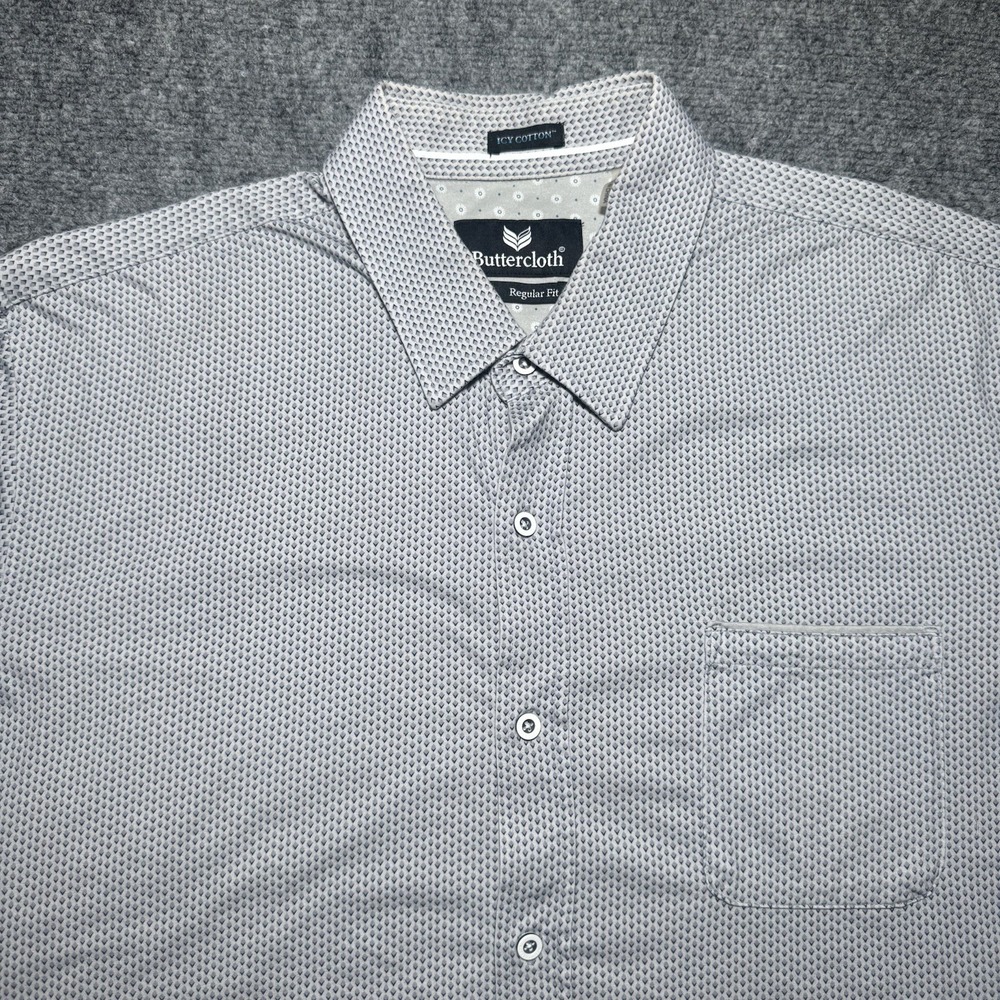 Buttercloth Icy Cotton Short Sleeve Button Up Shirt Men 2XL Gray Geometric Flip
